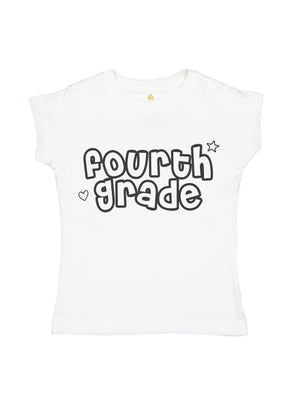 A white short-sleeve t-shirt for kids, featuring the text 'fourth grade' in a black bubble font with a white outline, accompanied by a small black heart on the left and a star on the right.
