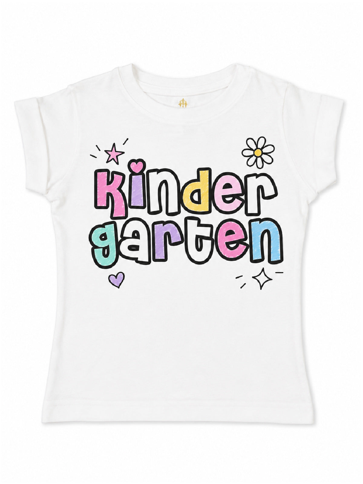 A white short-sleeve baby tee with 'pre school' printed in a black bubbly font on the chest, accompanied by small heart, flower, and star details.