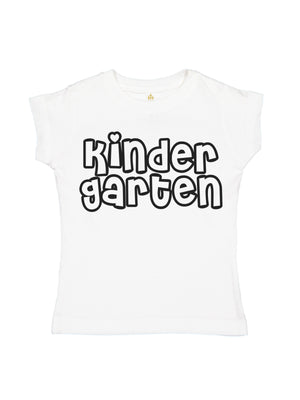 A white short-sleeve t-shirt for kids, featuring the words 'kinder garten' printed in a playful black bubble font with a white outline across the chest.