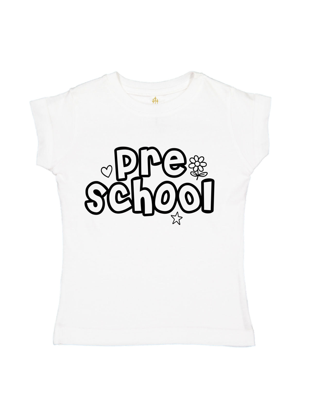 A white short-sleeve baby tee with 'pre school' printed in a black bubbly font on the chest, accompanied by small heart, flower, and star details.