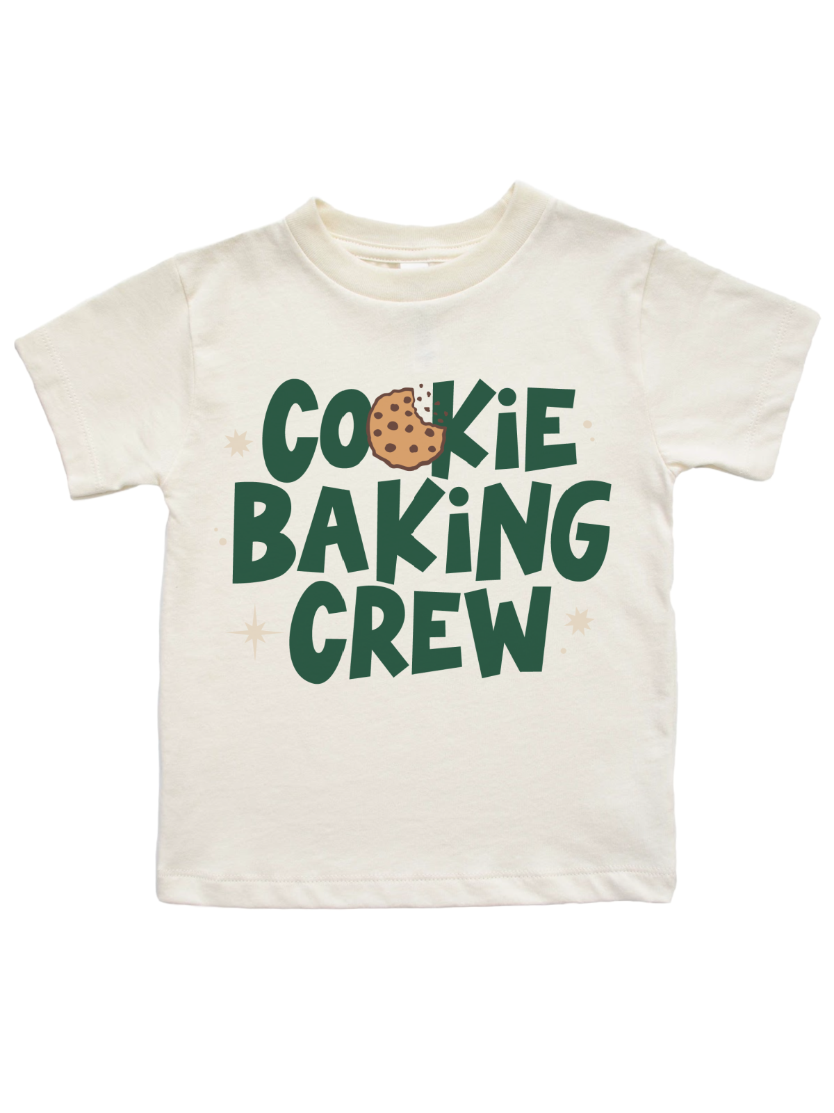 An off-white long-sleeve crewneck shirt with a graphic print that reads 'COOKIE BAKING CREW' in red letters, featuring a chocolate chip cookie illustration and small star accents.