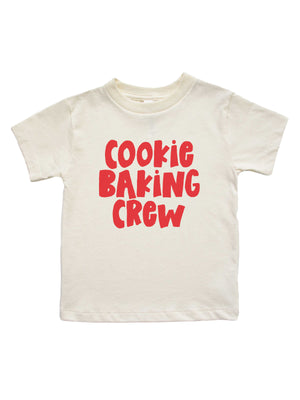 Short sleeve kids t-shirt in natural with Cookie Baking Crew wording in red