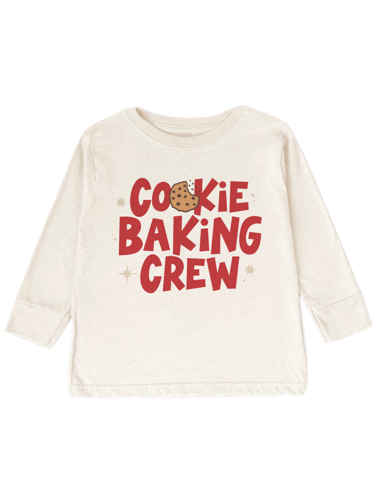 An off-white short-sleeve kids' t-shirt featuring a red graphic print that reads 'COOKIE BAKING CREW' with a chocolate chip cookie illustration replacing the letter 'O' in 'COOKIE'.