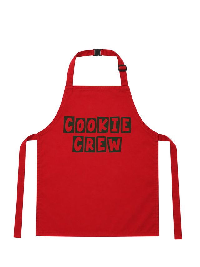 A bright red apron with 'COOKIE CREW' printed in black block letters with a red outline across the chest, shown against a plain white background.