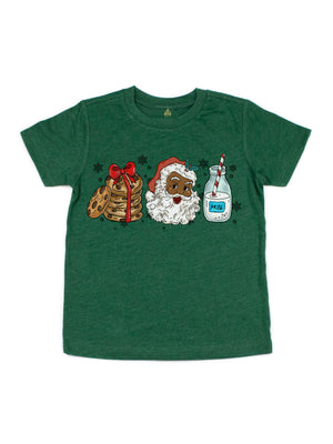 Green short sleeve kids shirt with cookies, Black Santa, and milk