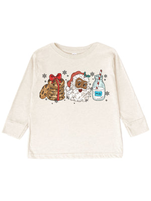 Long sleeve natural kids Christmas shirt with cookies, Black Santa, and milk.