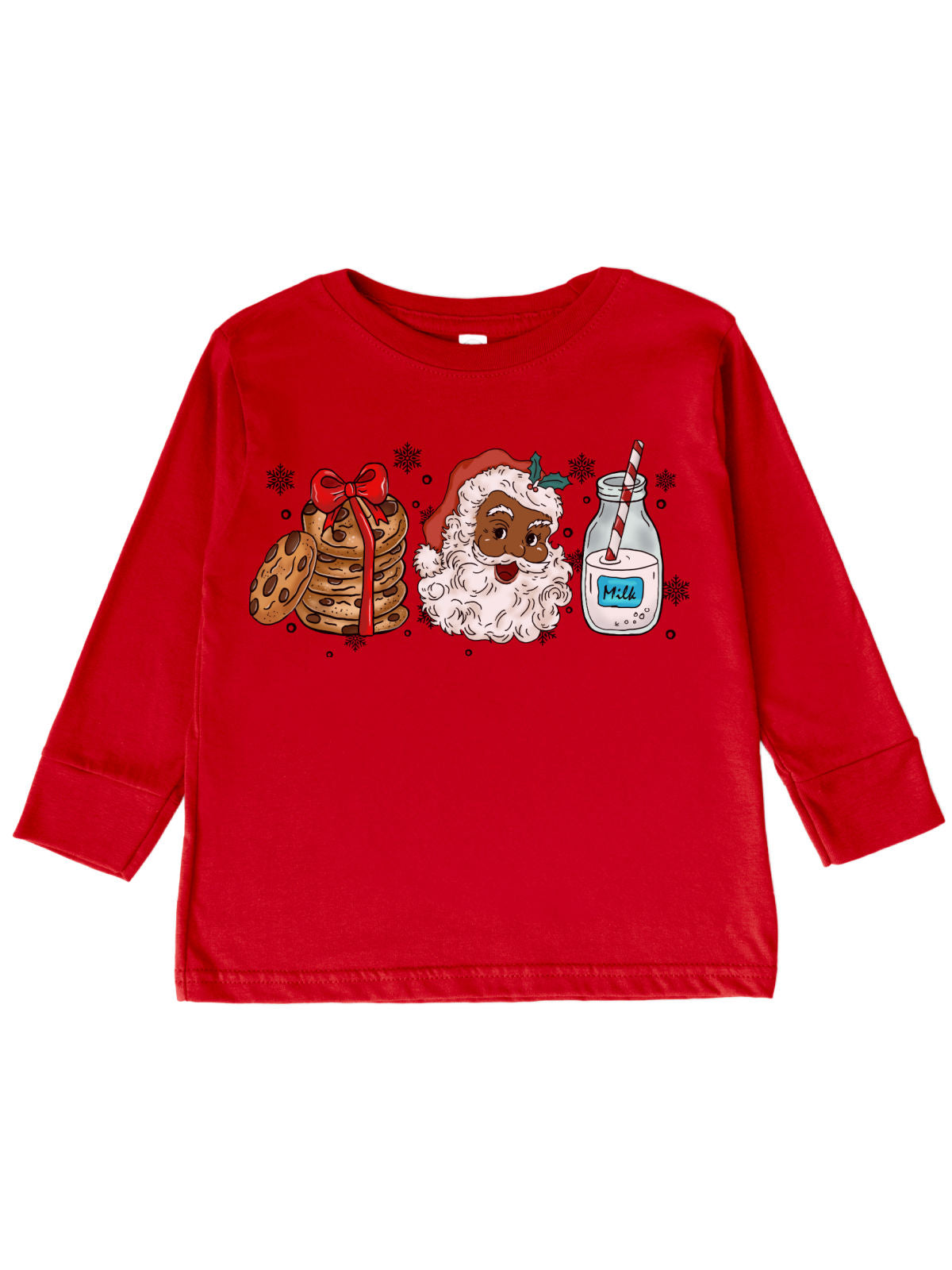 Red long sleeve kids Christmas shirt with cookies, Black Santa, and milk.