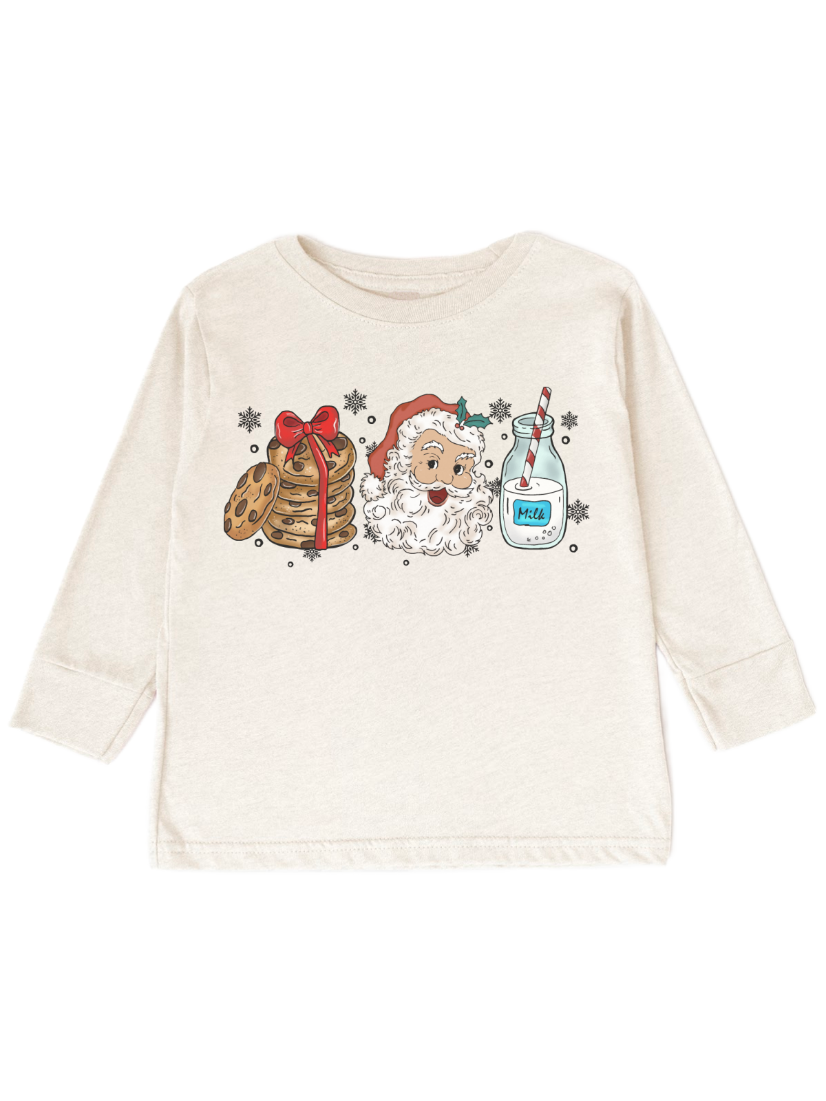 An off-white long-sleeve t-shirt with a Christmas-themed graphic print featuring a stack of pancakes with a red bow, Santa Claus, and a milk bottle on a white background.