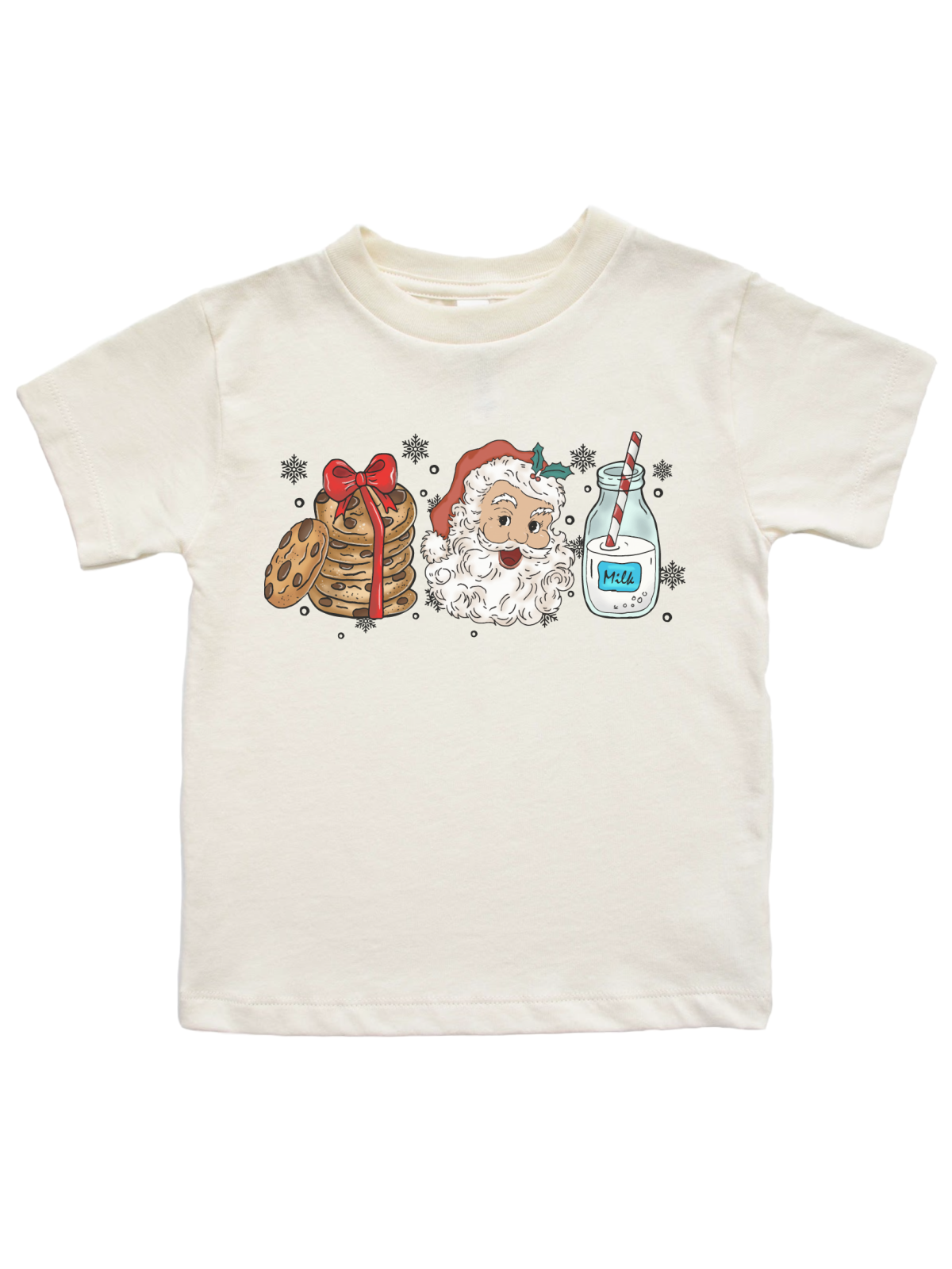 An off-white short-sleeve t-shirt with a colorful Christmas graphic on the chest, featuring a stack of cookies with a red bow, Santa Claus, a bottle of milk, and snowflakes.