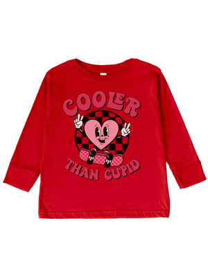 Cooler Than Cupid boys' long sleeve red Valentine shirt with skateboarding heart graphic.