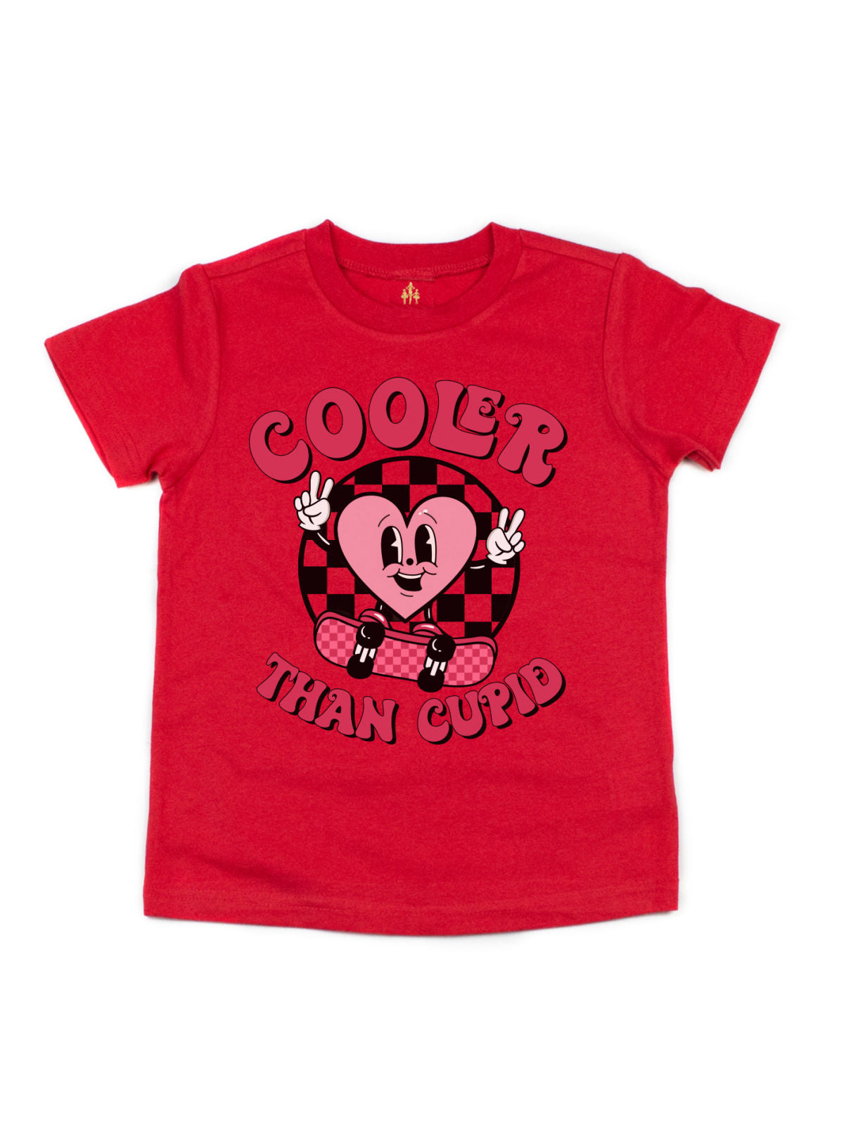 Cooler Than Cupid boys' long sleeve red Valentine shirt with skateboarding heart graphic.