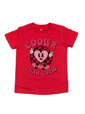 Cooler Than Cupid boys' short sleeve red Valentine shirt featuring a fun heart design.