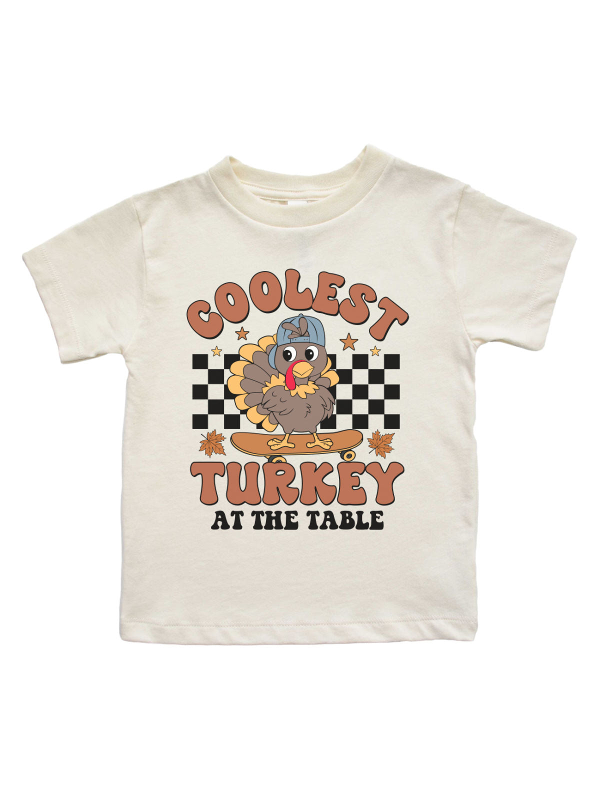 Short sleeve kids natural Thanksgiving shirt that reads Coolest Turkey at the Table with turkey on skateboard