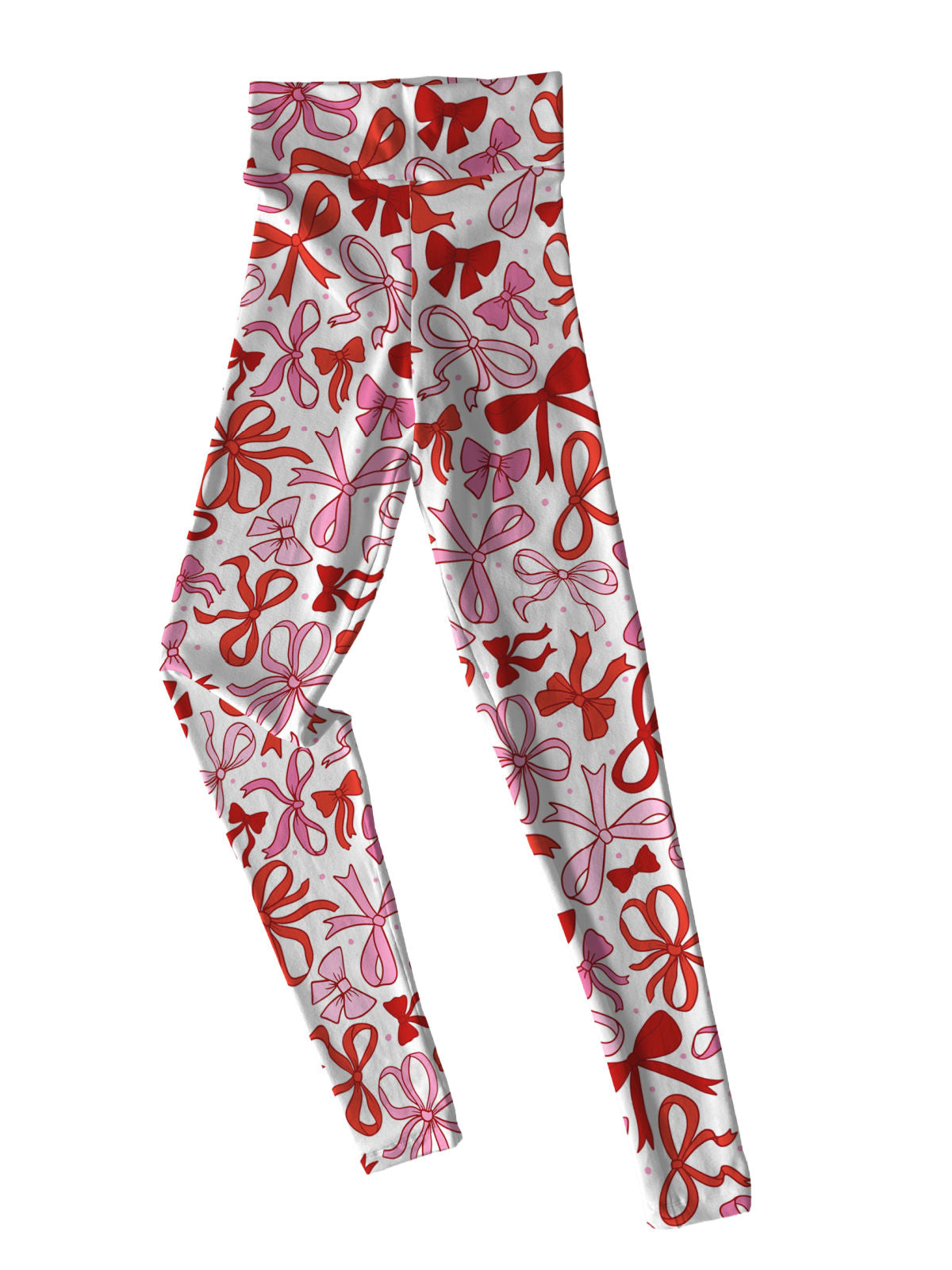 Coquette Bows Women's Valentine's Leggings featuring a custom red and pink bow pattern on a white background, made with soft double-brushed poly fabric and a high-rise waistband.