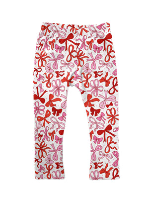 Red and Pink Coquette Valentine Bows on White Girls Leggings