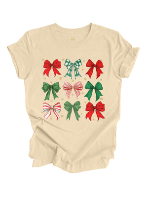 short sleeve beige adult shirt with coquette holiday bows