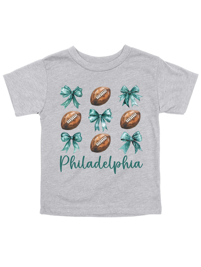 Coquette Bows and Philadelphia Football Kids Philly Shirt Short Sleeve Heather Gray