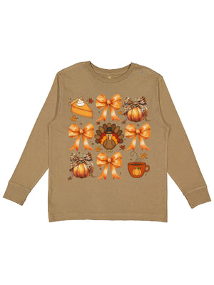 Long sleeve brown Coquette Bows Girls Thanksgiving Shirt