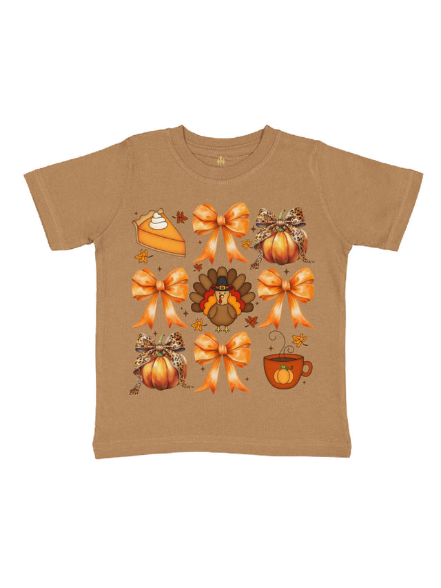 Short sleeve brown Coquette Bows Girls Thanksgiving Shirt