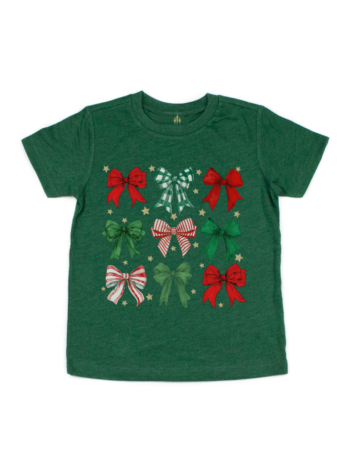 Forest green kids Christmas t-shirt with coquette style holiday bows