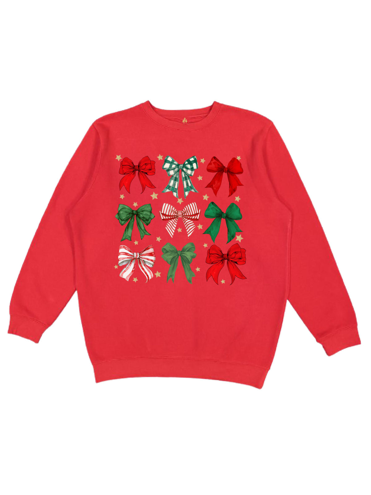 Long sleeve red women's holiday sweatshirt with festive coquette bows