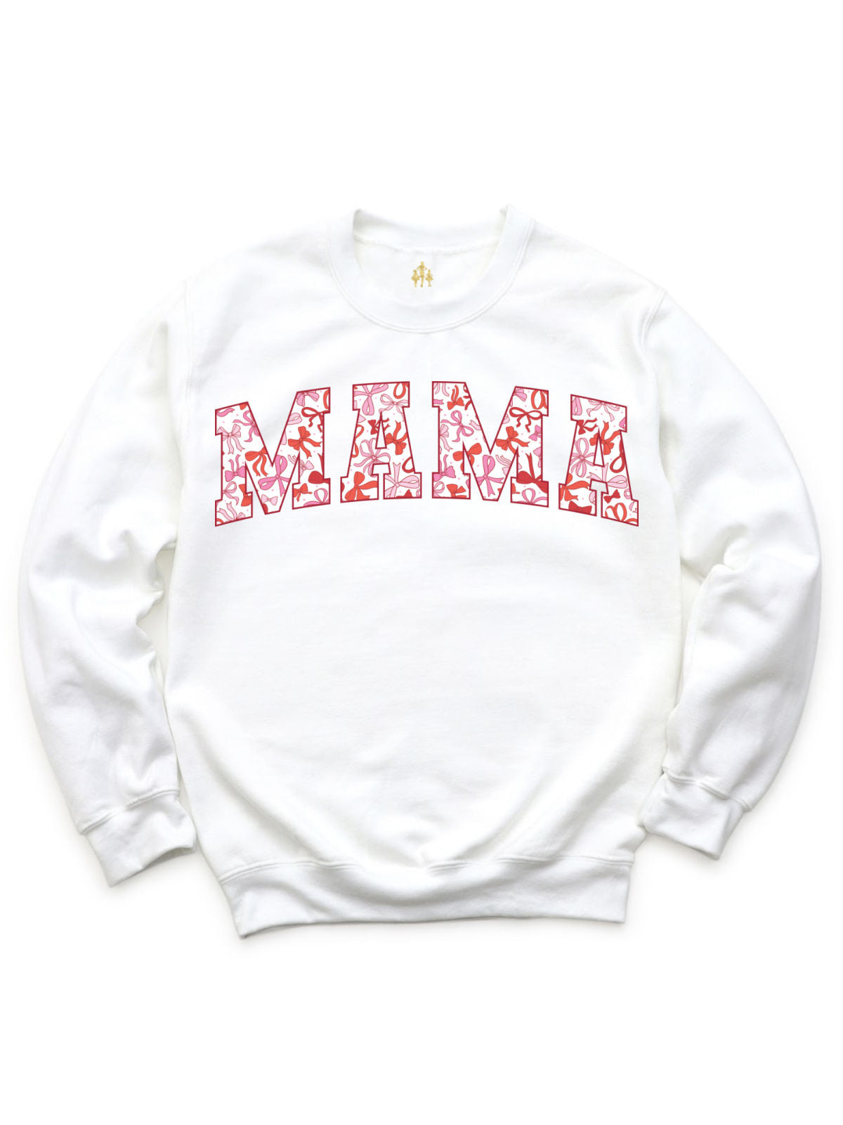 Mama Valentine’s Day sweatshirt in white featuring red and pink coquette bows design, unisex fit, displayed flat against a white background.