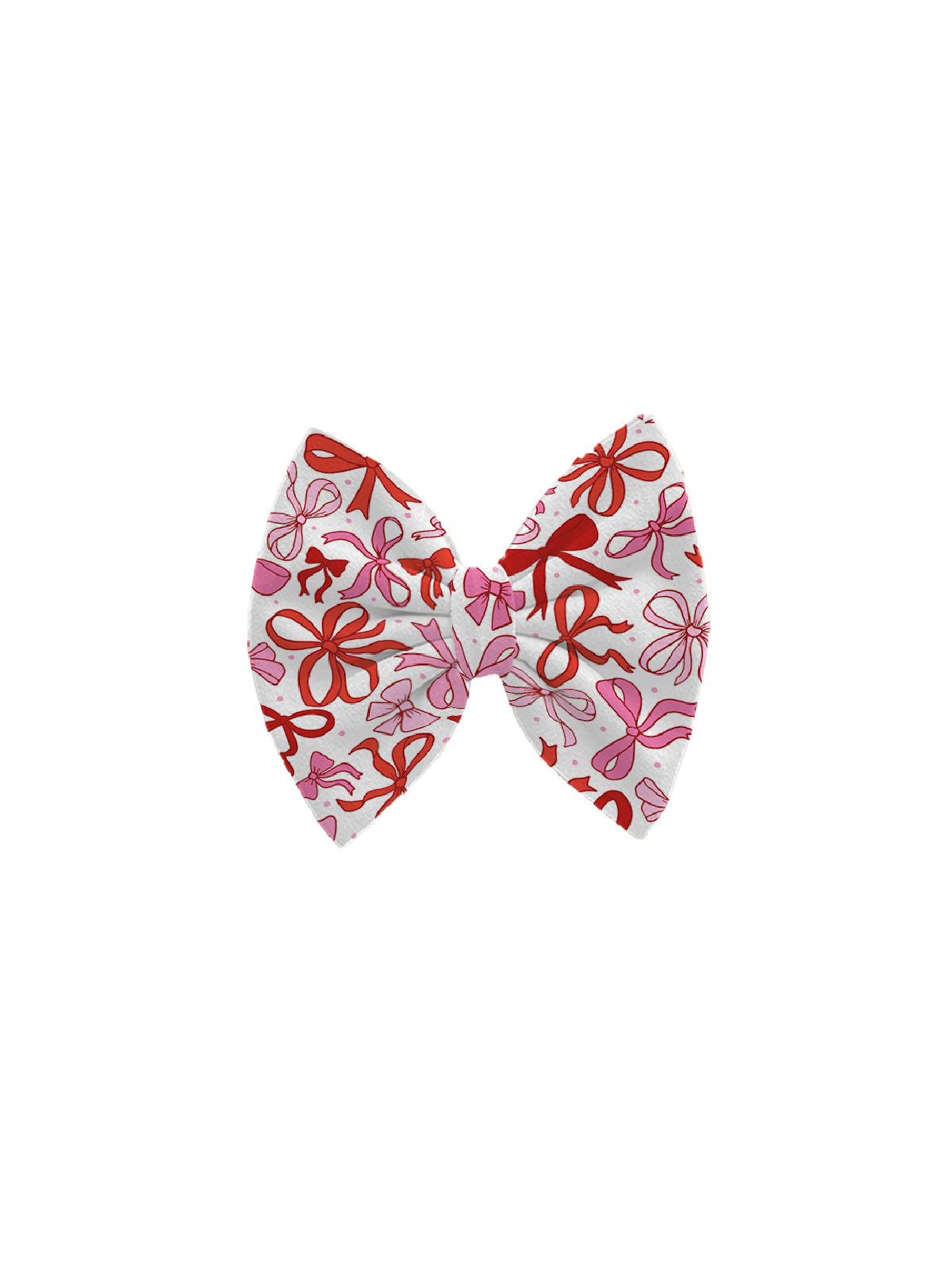 5-inch hair bow featuring a custom red and pink bow pattern on soft double-brushed poly fabric, attached to an alligator clip, perfect for Valentine’s Day.