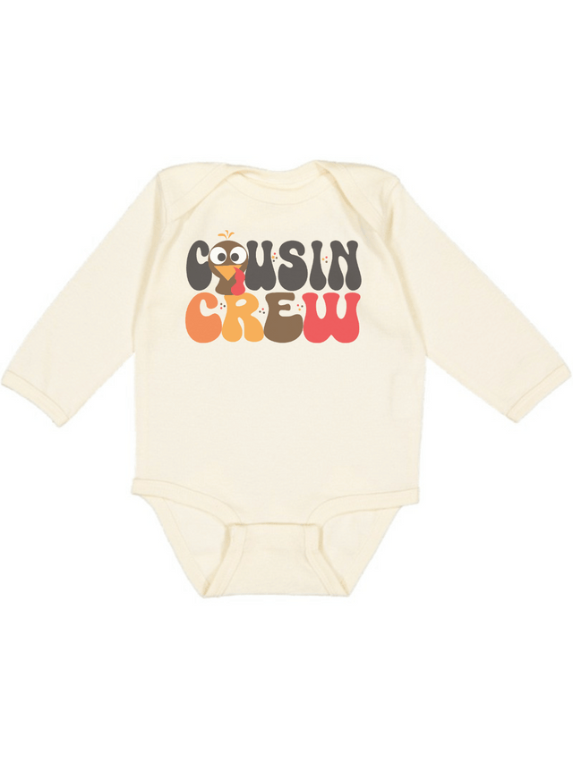 Cousin Crew baby boy long sleeve Thanksgiving bodysuit in natural with cartoon turkey design – infant fall outfit