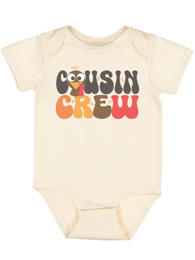 Cousin Crew baby boy short sleeve Thanksgiving bodysuit in natural with cartoon turkey – neutral fall outfit for infant boys