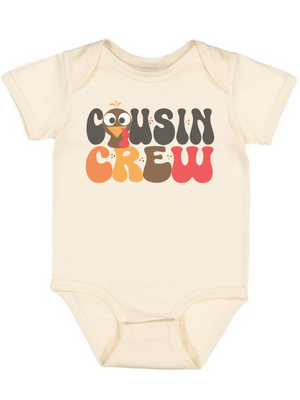 Cousin Crew baby boy short sleeve Thanksgiving bodysuit in natural with cartoon turkey – neutral fall outfit for infant boys