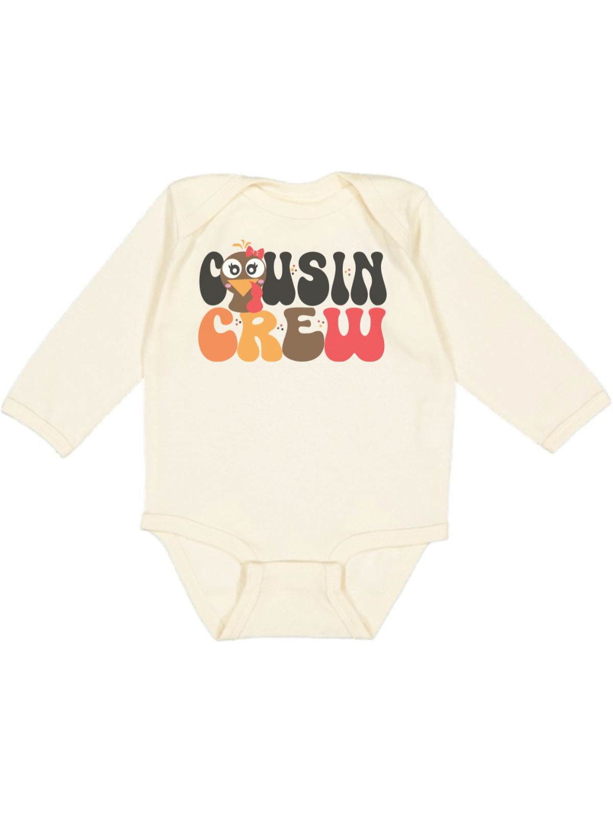 Cousin Crew baby girl long sleeve Thanksgiving bodysuit in natural with red-bow turkey graphic – cozy fall outfit for infants