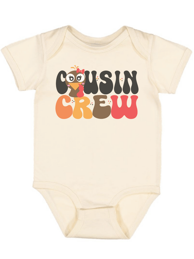 Cousin Crew baby girl short sleeve Thanksgiving bodysuit in natural with cartoon turkey and red bow – fall infant outfit
