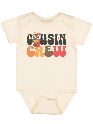 Cousin Crew baby girl short sleeve Thanksgiving bodysuit in natural with cartoon turkey and red bow – fall infant outfit