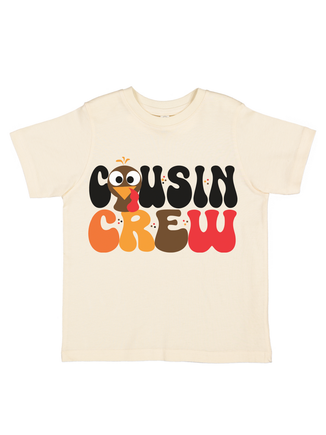 Short sleeve natural kids Thanksgiving shirt that says Cousin Crew with turkey face