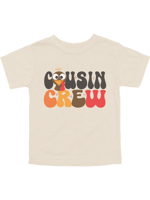 Boys Cousin Crew short sleeve Thanksgiving shirt for toddlers and kids – natural color with retro turkey design by Mackenzie Madison of Philadelphia