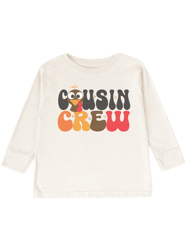 Boys Cousin Crew long sleeve kids Thanksgiving shirt in natural with cartoon turkey – fall toddler and youth shirt for family dinner