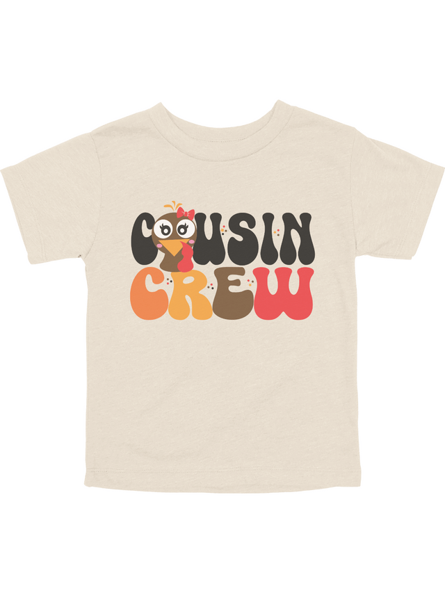 Girls Cousin Crew short sleeve kids Thanksgiving shirt in natural with cartoon turkey and red bow – toddler and youth tee by Mackenzie Madison of Philadelphia