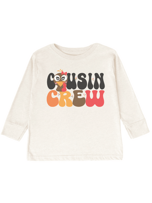 Girls Cousin Crew long sleeve kids Thanksgiving shirt in natural with red-bow turkey graphic – fall family matching shirt