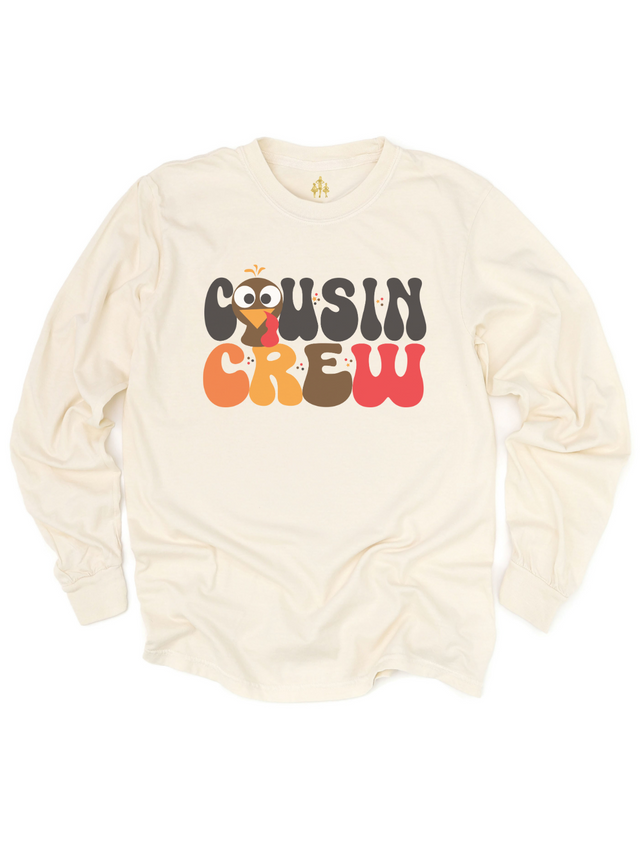 Cousin Crew adult long sleeve Thanksgiving shirt in natural with turkey graphic – fall matching tee for family dinners by Mackenzie Madison of Philadelphia