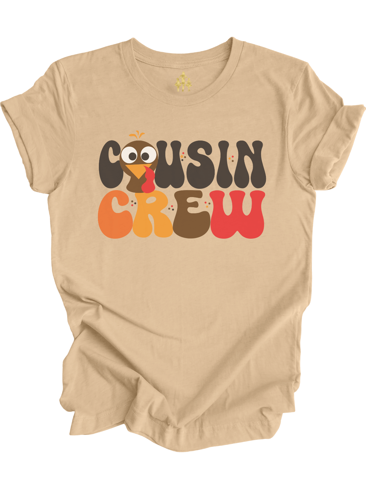 Cousin Crew adult short sleeve Thanksgiving shirt in tan with cartoon turkey and retro fall letters – matching family tee by Mackenzie Madison of Philadelphia