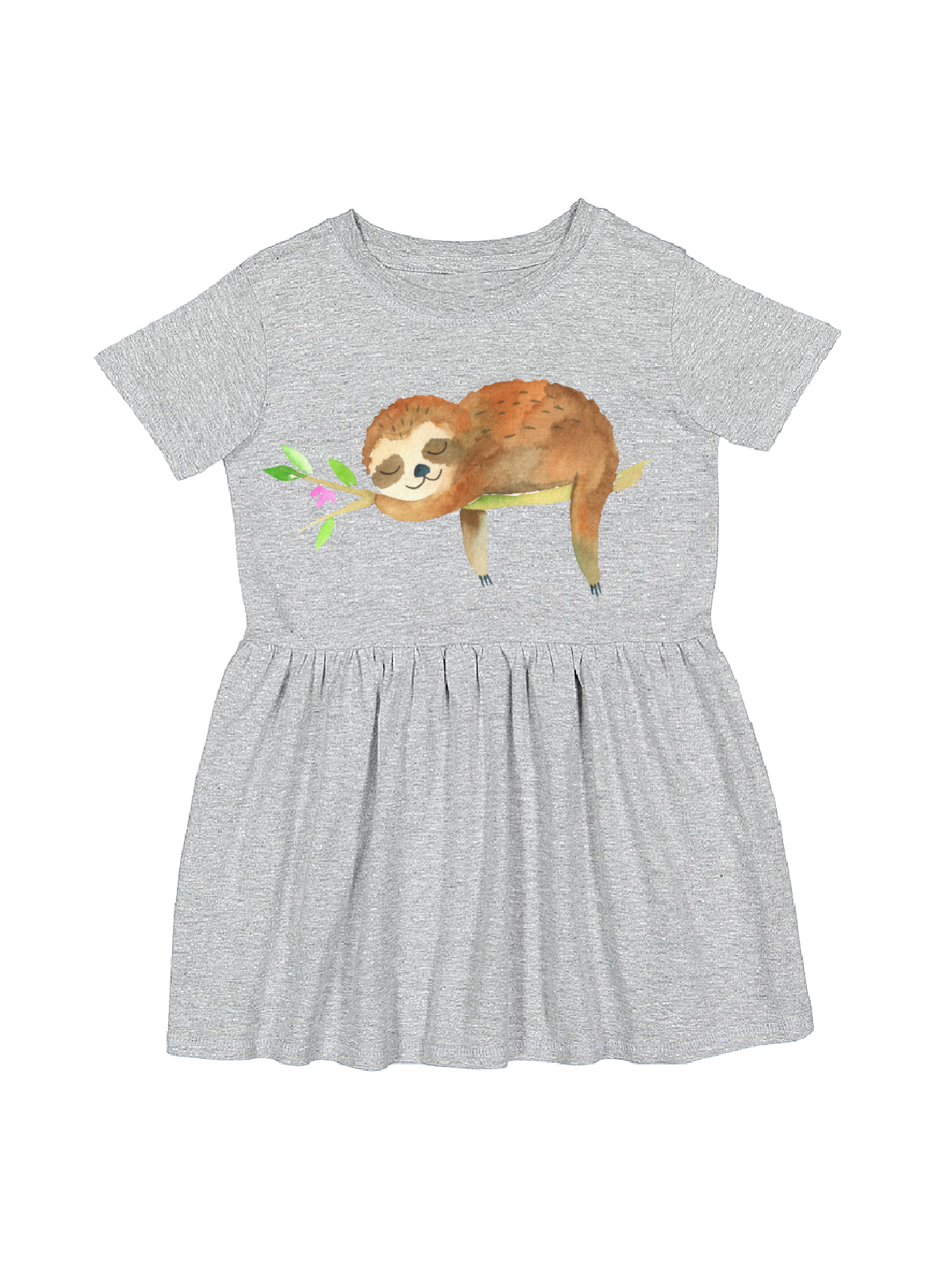 Cute Sleeping Sloth Girls Dress in Heather Gray