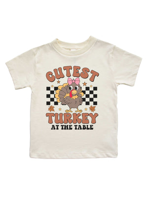 Cutest Turkey at the Table Girls short sleeve shirt in natural