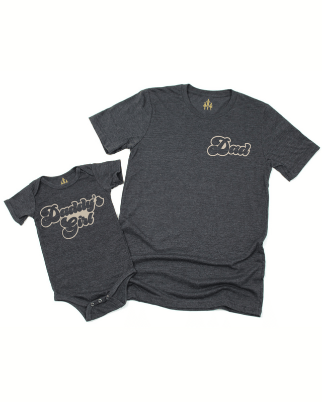 Matching gray Dad and Daddy’s Girl shirt set with baby bodysuit and adult tee