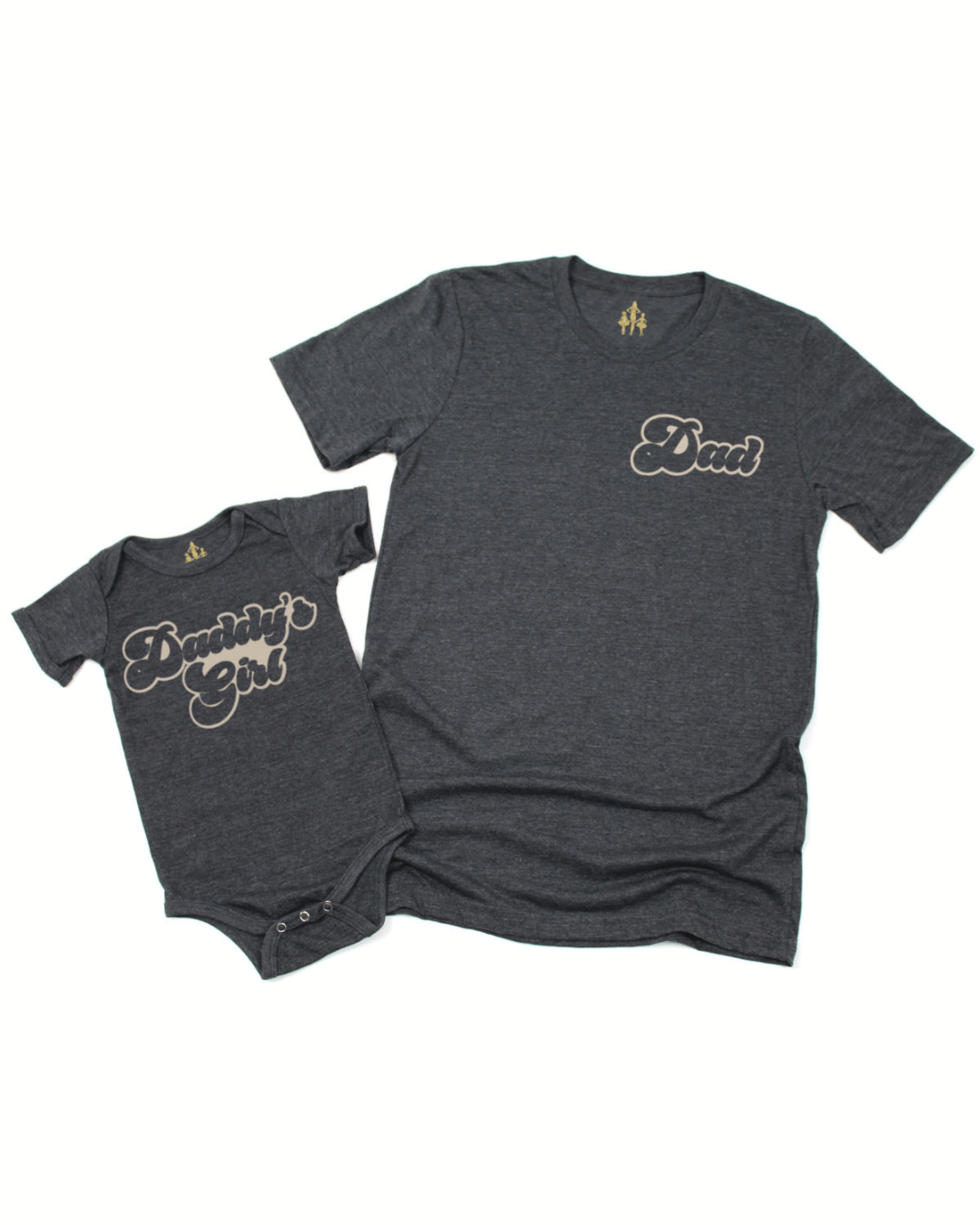 Matching gray Dad and Daddy’s Girl shirt set with baby bodysuit and adult tee