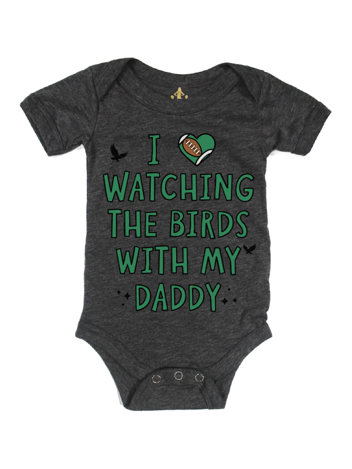 Dark heather gray baby girl bodysuit reading “Watching the Birds With My Daddy” with Philly football theme