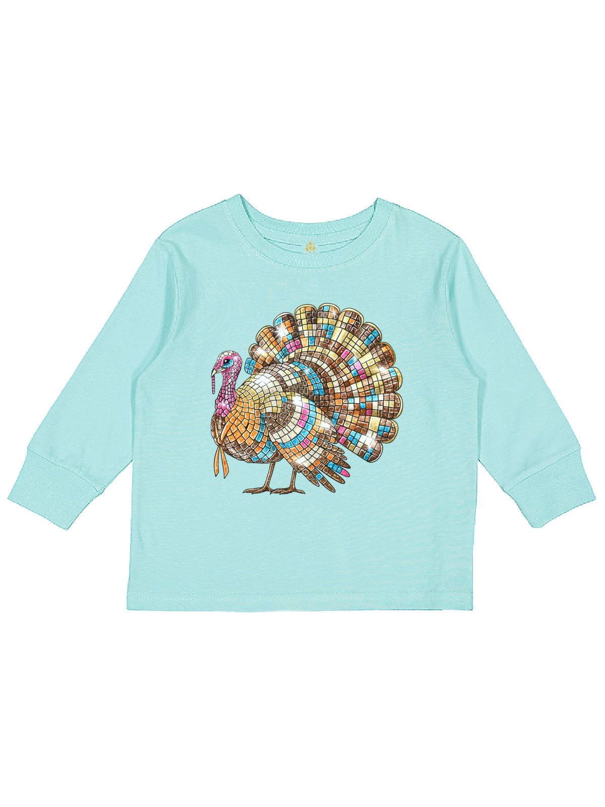 Disco Ball Turkey Girls Long Sleeve Thanksgiving Shirt in Chill Blue