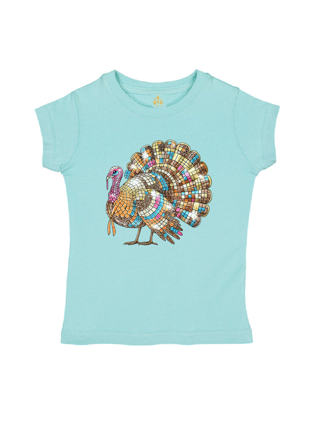 Short Sleeve Disco Ball Turkey Girls Thanksgiving Shirt in Chill Blue