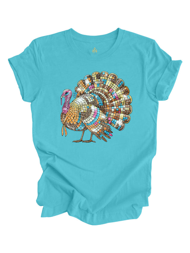 Disco Ball Turkey Women's Thanksgiving Shirt in Chill Blue, Short Sleeve