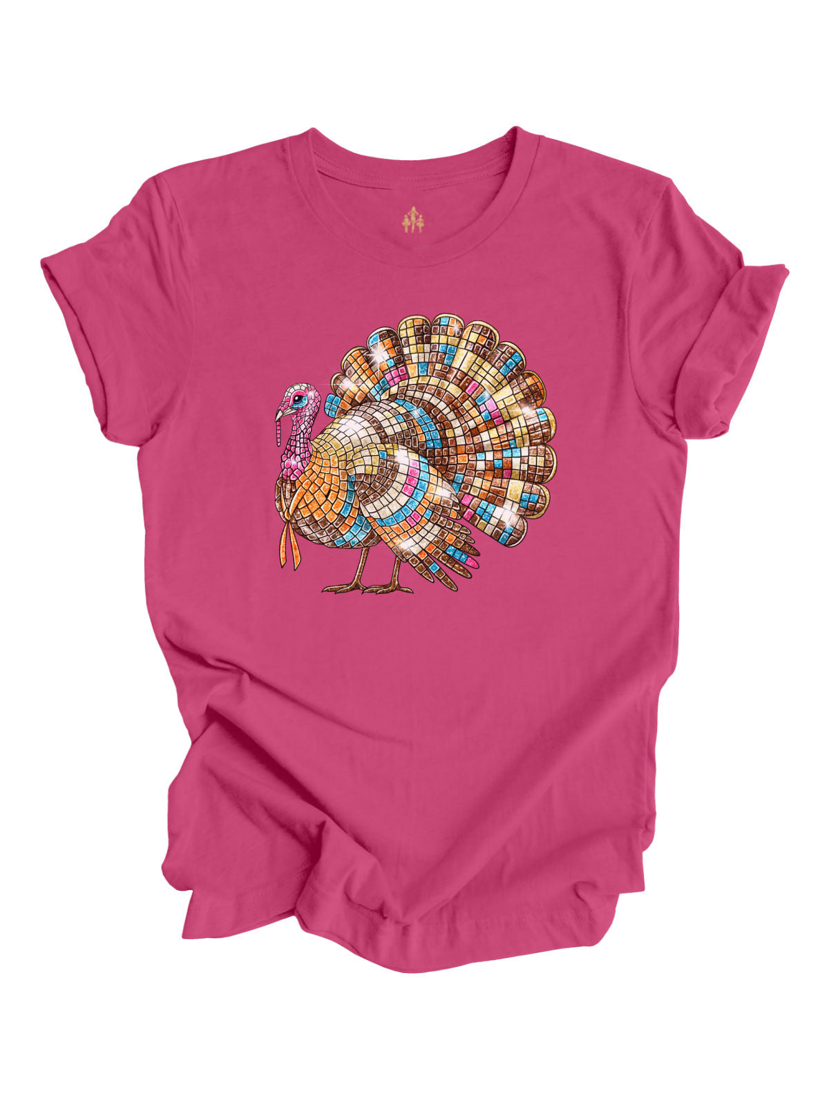 Short sleeve disco ball turkey women's Thanksgiving shirt in berry pink