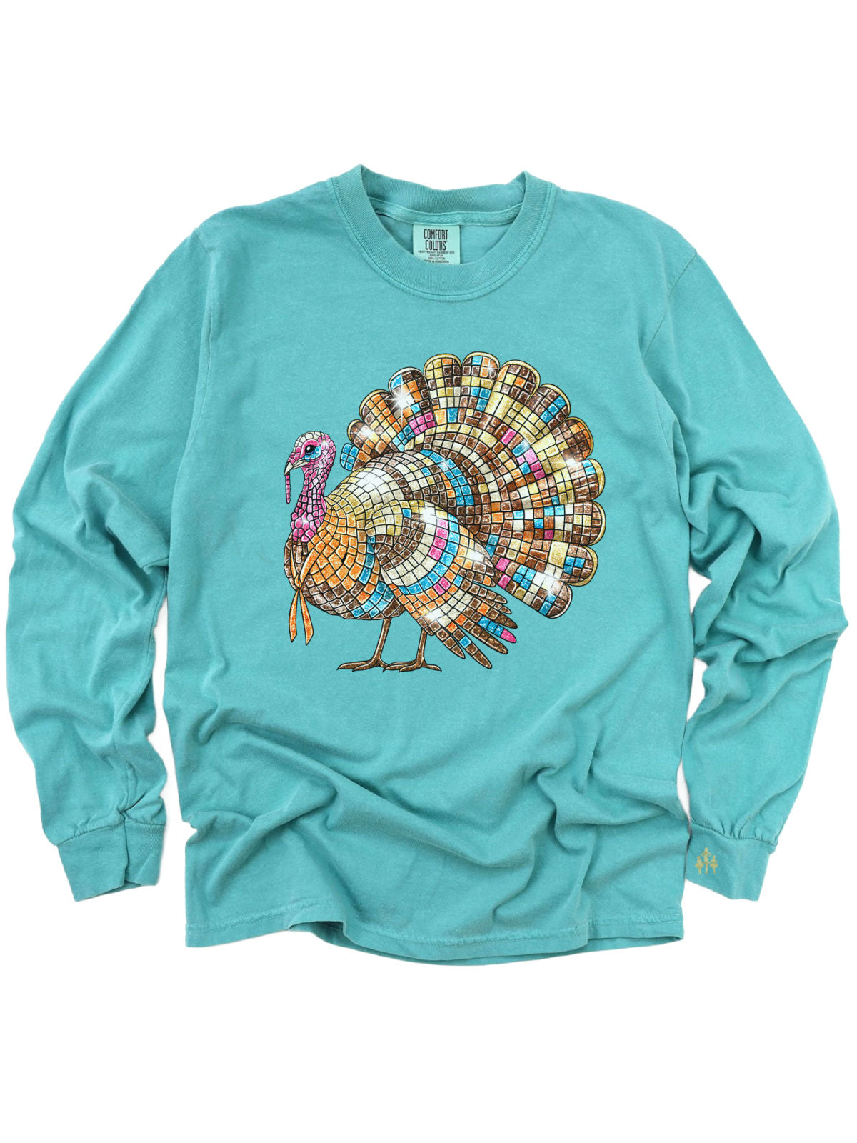 Disco Ball Turkey Women's Thanksgiving Shirt in Chill Blue, Short Sleeve